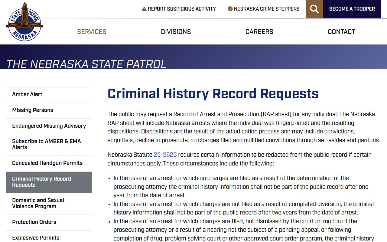 Hamilton County court records after arrest Nebraska State Patrol criminal history request page